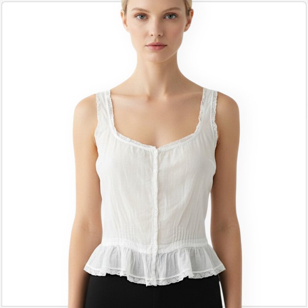Forte Forte Italy White Cotton Button Front Camisole Boho Lace Trim Top III / L